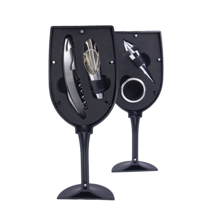 Set accesorii pentru vin,toc forma pahar, 4 piese, contine tirbuson, antipicurator,dop si inel, , inox,doty [7]