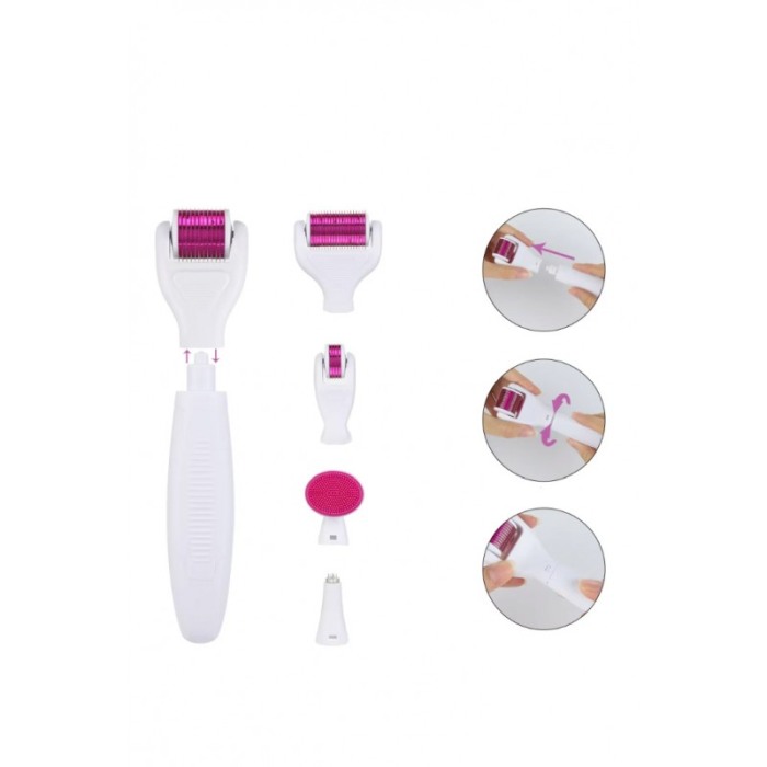 Set Aparat 6 in 1 cu ace din titan pentru regenerarea pielii PinSkin Doty®, manual, anti imbatranire, 5 capete, alb/roz [3]