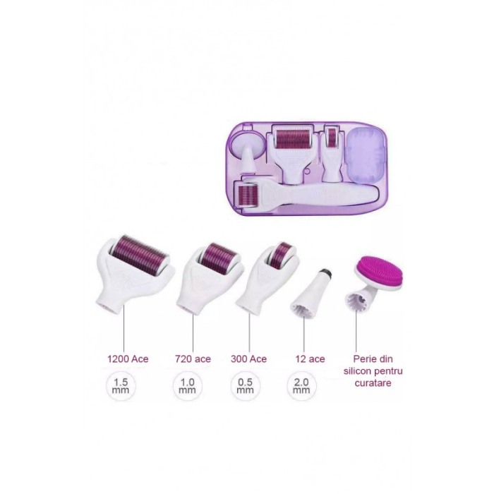 Set Aparat 6 in 1 cu ace din titan pentru regenerarea pielii PinSkin Doty®, manual, anti imbatranire, 5 capete, alb/roz [1]