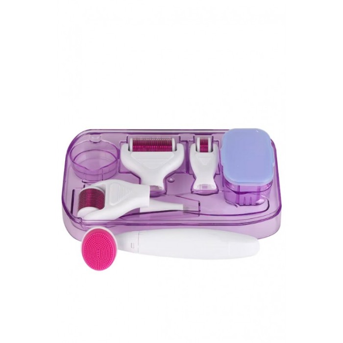 Set Aparat 6 in 1 cu ace din titan pentru regenerarea pielii PinSkin Doty®, manual, anti imbatranire, 5 capete, alb/roz [2]