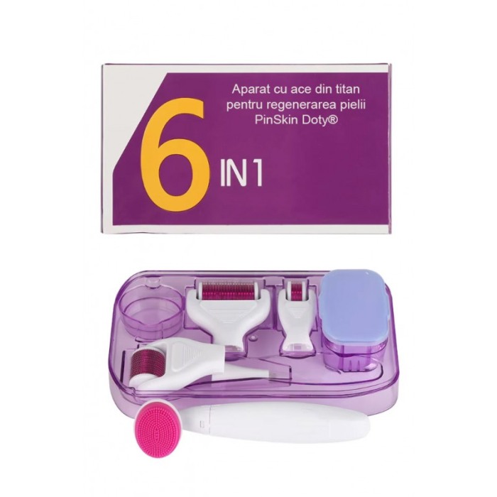 Set Aparat 6 in 1 cu ace din titan pentru regenerarea pielii PinSkin Doty®, manual, anti imbatranire, 5 capete, alb/roz [10]