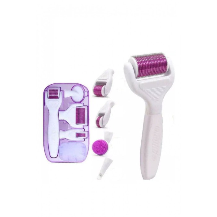 Set Aparat 6 in 1 cu ace din titan pentru regenerarea pielii PinSkin Doty®, manual, anti imbatranire, 5 capete, alb/roz [9]
