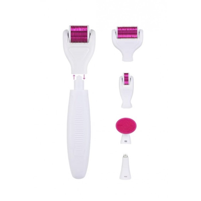 Set Aparat 6 in 1 cu ace din titan pentru regenerarea pielii PinSkin Doty®, manual, anti imbatranire, 5 capete, alb/roz [7]
