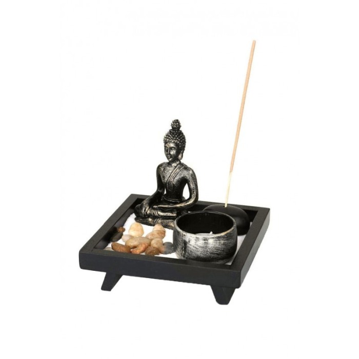 Set aromaterapie ZenLight, accesorii incluse, mini statueta, 12 cm, accente argintii, negru [1]