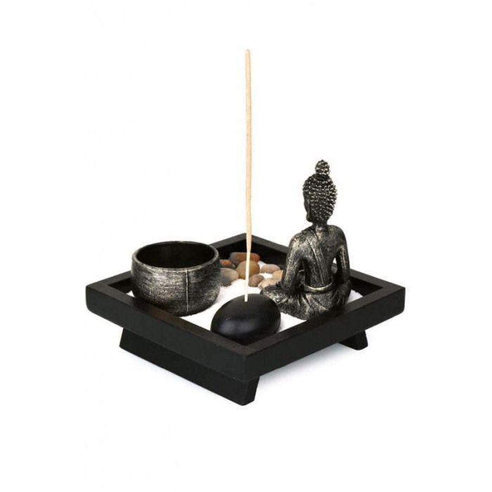Set aromaterapie ZenLight, accesorii incluse, mini statueta, 12 cm, accente argintii, negru [4]