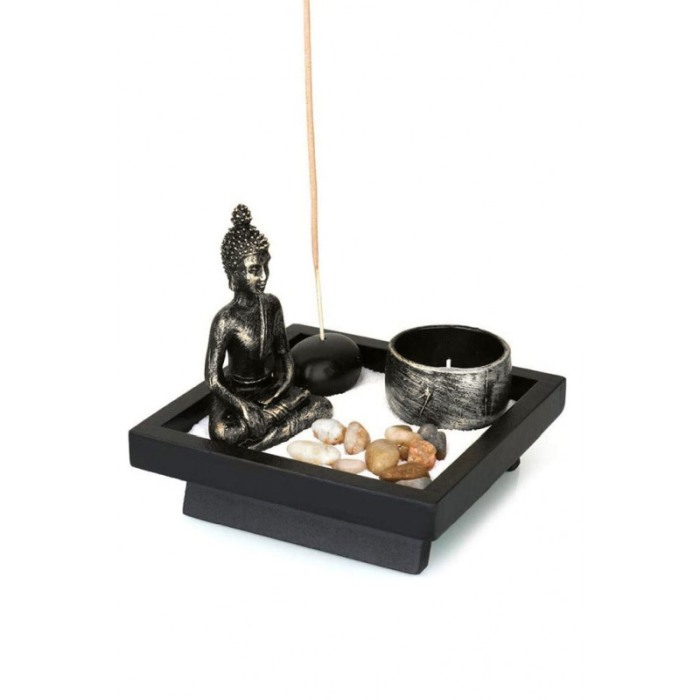 Set aromaterapie ZenLight, accesorii incluse, mini statueta, 12 cm, accente argintii, negru [3]