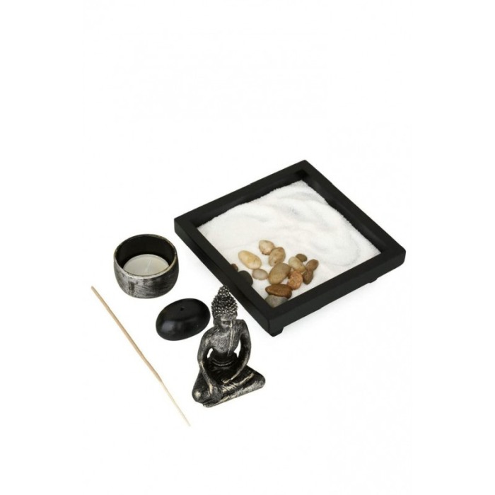 Set aromaterapie ZenLight, accesorii incluse, mini statueta, 12 cm, accente argintii, negru [2]
