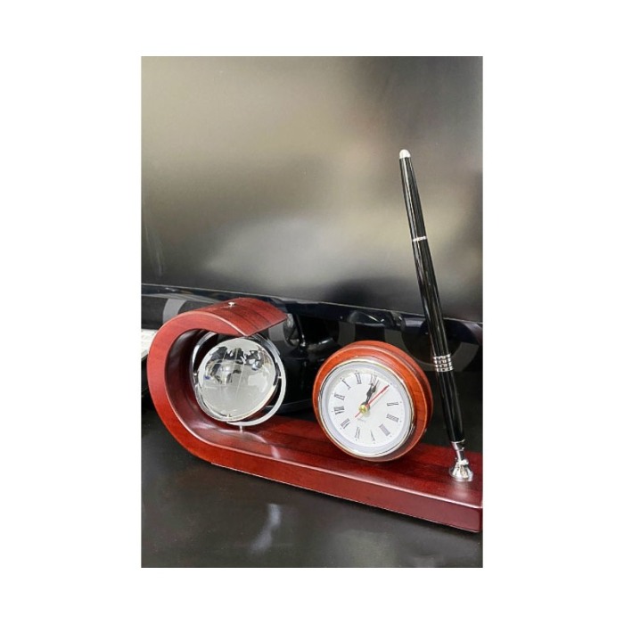 Set birou GlassGlobe Clock, glob pamantesc, ceas clasic, suport pentru instrument de scris, maro, 24x12 cm [3]