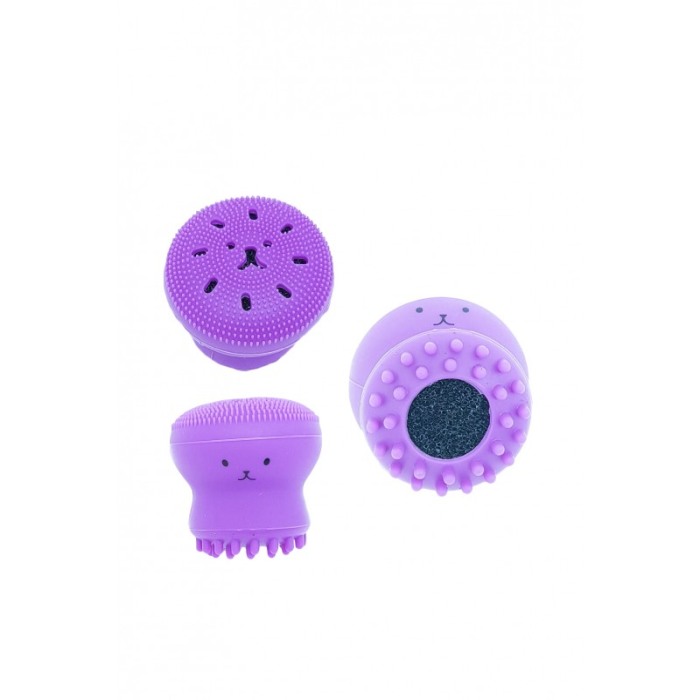 Set Bonita cu buretel cosmetic in forma de ou si dispozitiv de curatare faciala, din silicon, mov/portocaliu [2]
