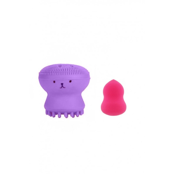 Set Bonita cu buretel cosmetic in forma de para si dispozitiv de curatare faciala, din silicon, mov/roz [1]
