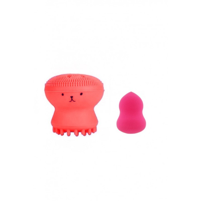 Set Bonita cu buretel cosmetic in forma de para si dispozitiv de curatare faciala, din silicon, rosu/roz [1]