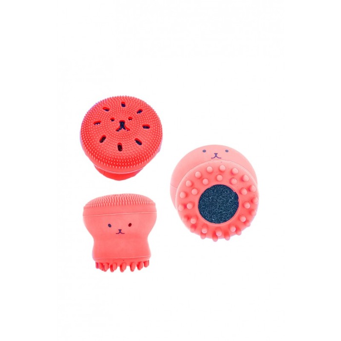 Set Bonita cu buretel cosmetic in forma de para si dispozitiv de curatare faciala, din silicon, rosu/roz [3]