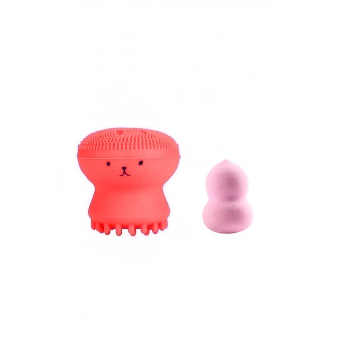 Set Bonita cu buretel cosmetic in forma de para si dispozitiv de curatare faciala, din silicon, rosu/roz pudra [1]