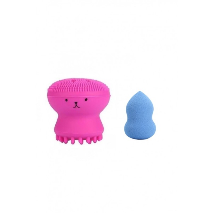 Set Bonita cu buretel cosmetic in forma de para si dispozitiv de curatare faciala, din silicon, roz/albastru [1]