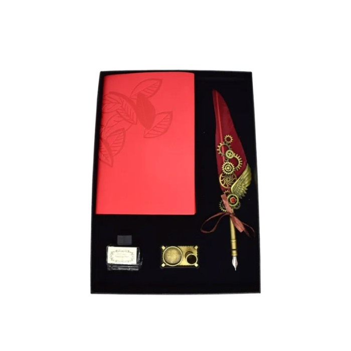 Set cadou de caligrafie vintage EpoqueInk Doty®, cu agenda inclusa, calimara si suport, accente aurii, stilou cu pana, rosu [2]
