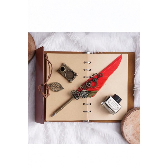 Set cadou de caligrafie vintage EpoqueInk Doty®, cu agenda inclusa, calimara si suport, accente aurii, stilou cu pana, rosu [9]