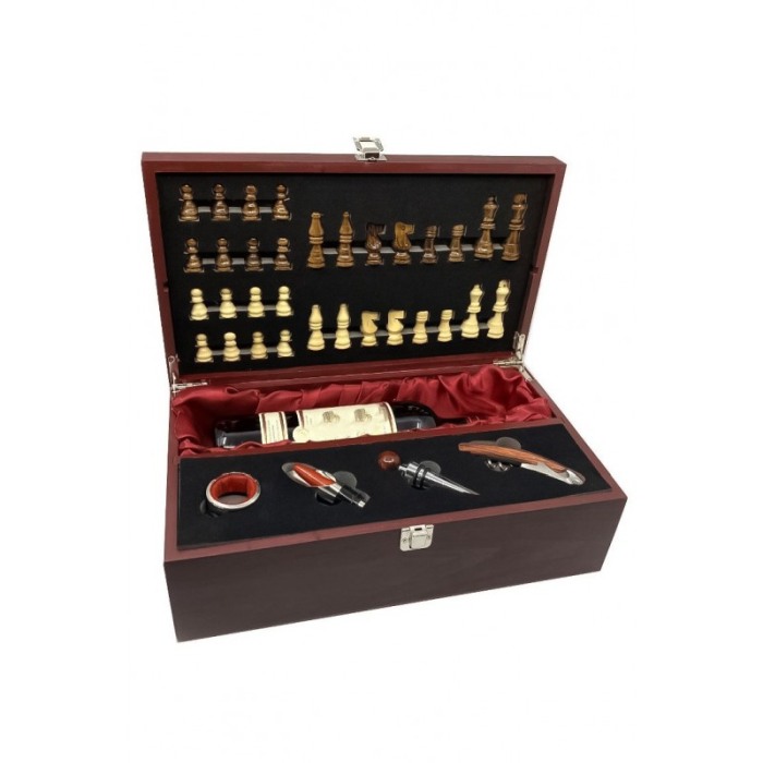 Set Cadou elegant SmartGift  cutie pentru sticla de vin si accesorii vin, cu tabla si piese de sah incluse , culoare cires, Doty [2]