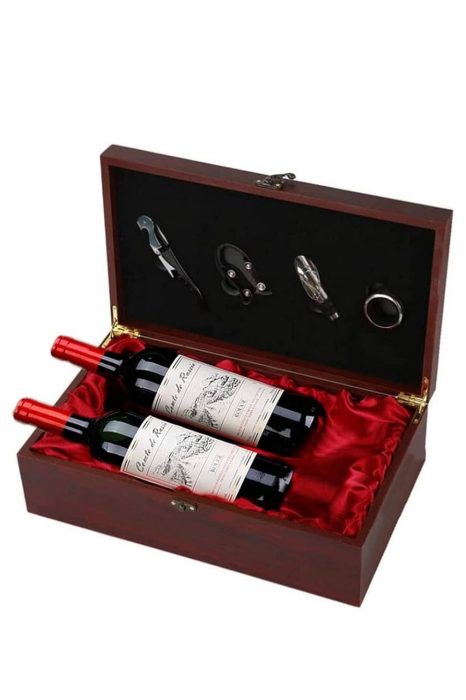 Set cadou elegant Wine Lover’s Gift Box Doty®, cutie din lemn rosu cires pentru 2 sticle de vin, tirbuson, inel, picurator cu dop inclus si taietor de sigiliu, interior satin, incuietoare metalica, 36 [4]