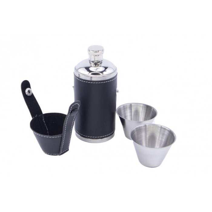 Set cadou mini plosca outdoor din metal, 2 pahare shot, husa piele ecologica neagra, util, 100 ml, doty [3]