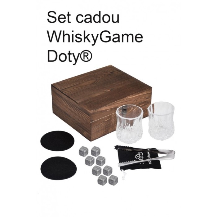 Set cadou pentru barbati WhiskyGame Doty®, cutie eleganta din lemn, 2 pahare, cleste, 8 cuburi din granit si suport pahare, [10]