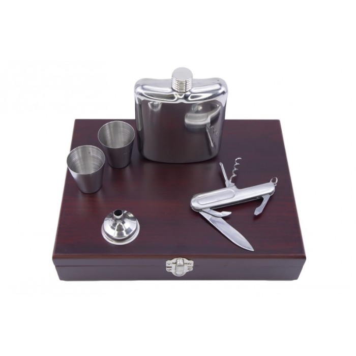Set cadou plosca metalica cu 2 mini pahare din inox, desfacator,palnie, plosca 200 ml, cutie lemn rosu,incuietoare metalica, des [4]