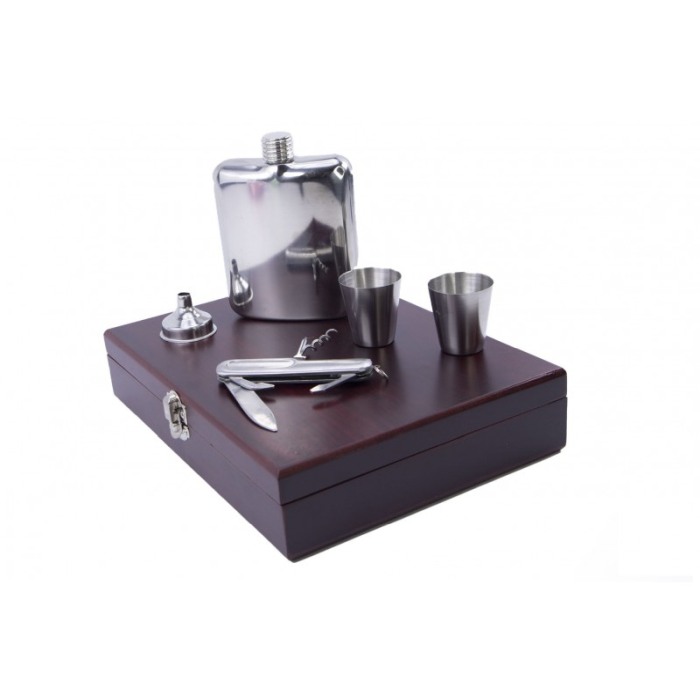 Set cadou plosca metalica cu 2 mini pahare din inox, desfacator,palnie, plosca 200 ml, cutie lemn rosu,incuietoare metalica, des [6]