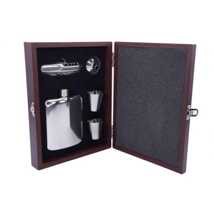Set cadou plosca metalica cu 2 mini pahare din inox, desfacator,palnie, plosca 200 ml, cutie lemn rosu,incuietoare metalica, des [1]