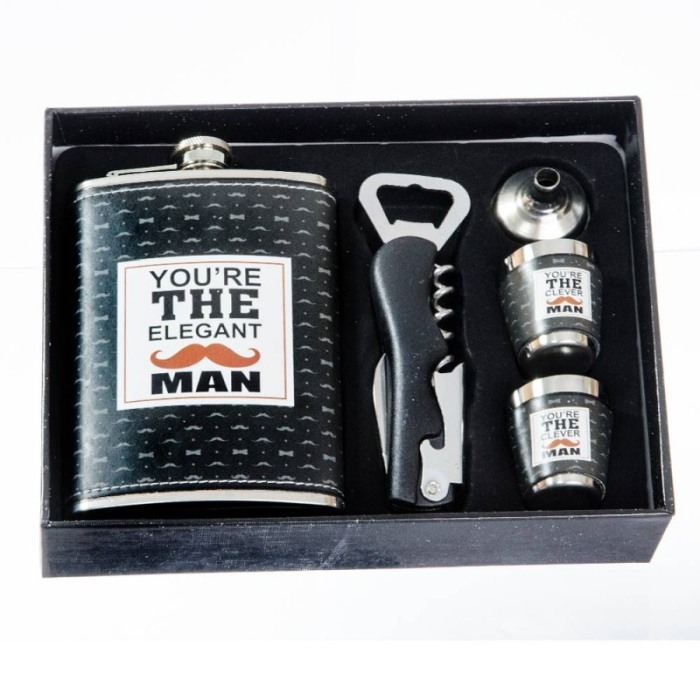 Set cadou plosca metalica cu 2 mini pahare din inox, desfacator,palnie, plosca 200 ml, design modern,mesaj inscriptionat, doty [1]