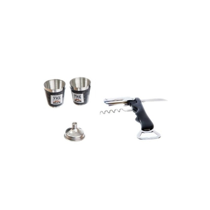 Set cadou plosca metalica cu 2 mini pahare din inox, desfacator,palnie, plosca 200 ml, design modern,mesaj inscriptionat, doty [2]