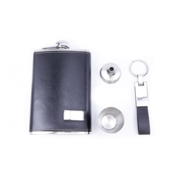 Set cadou plosca metalica cu mini pahar,palnie si breloc ,inox,250 ml, setul este imbracat in piele ecologica de culoare neagra, [5]