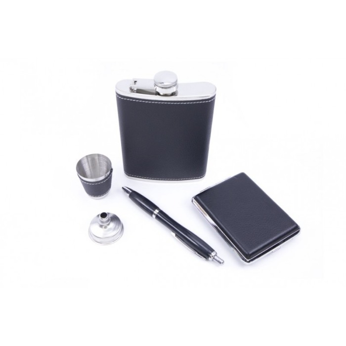 Set cadou plosca metalica cu mini pahar,palnie,tabachiera si pix,inox,250 ml, setul este imbracat in piele ecologica de culoare [6]