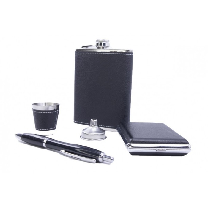Set cadou plosca metalica cu mini pahar,palnie,tabachiera si pix,inox,250 ml, setul este imbracat in piele ecologica de culoare [4]