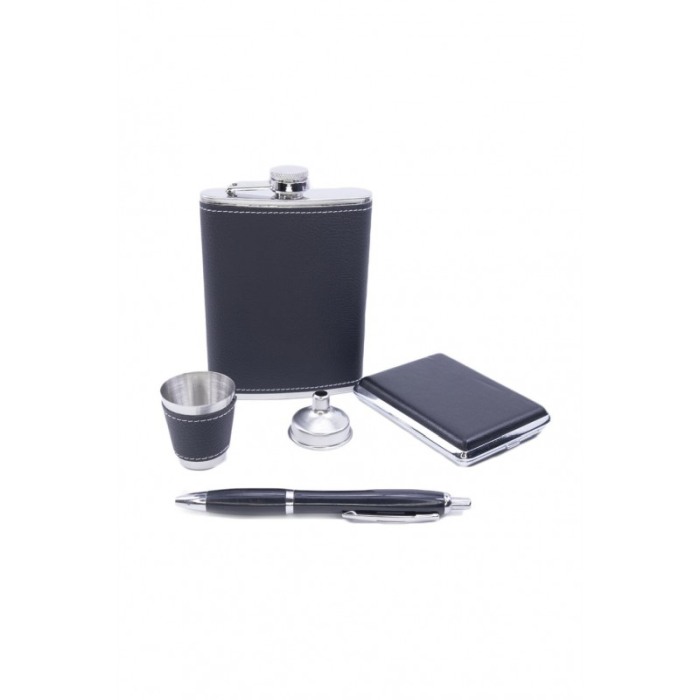 Set cadou plosca metalica cu mini pahar,palnie,tabachiera si pix,inox,250 ml, setul este imbracat in piele ecologica de culoare [3]
