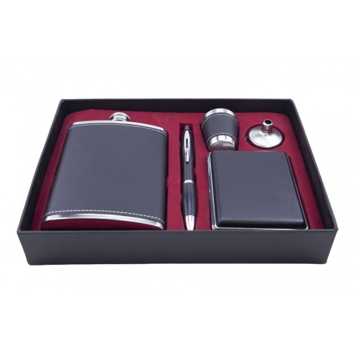 Set cadou plosca metalica cu mini pahar,palnie,tabachiera si pix,inox,250 ml, setul este imbracat in piele ecologica de culoare [1]