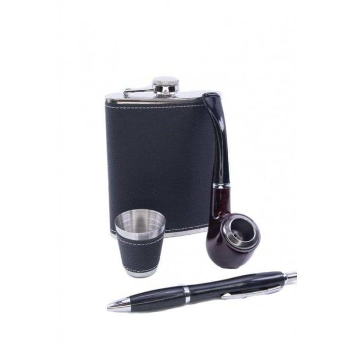 Set cadou plosca metalica cu mini pahar,pipa si pix,inox,250 ml, setul este imbracat in piele ecologica de culoare neagra,doty [2]