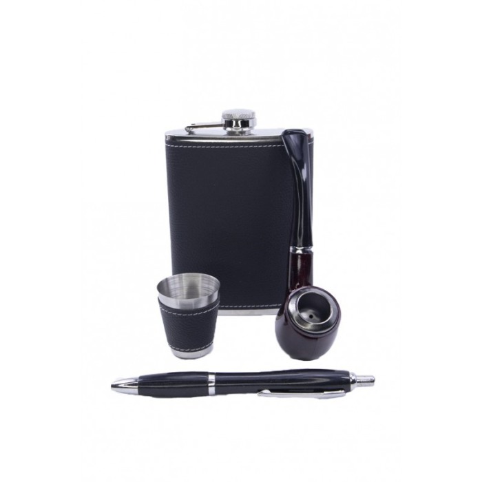Set cadou plosca metalica cu mini pahar,pipa si pix,inox,250 ml, setul este imbracat in piele ecologica de culoare neagra,doty [3]