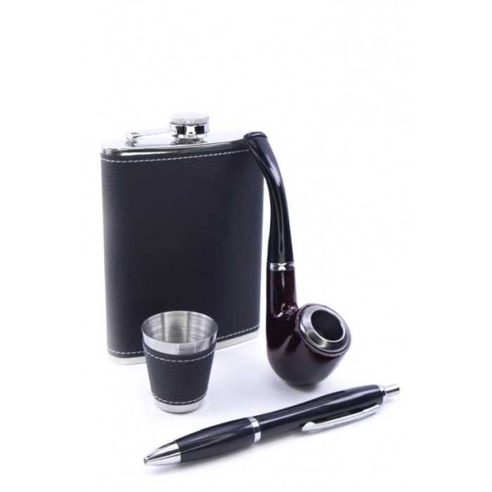 Set cadou plosca metalica cu mini pahar,pipa si pix,inox,250 ml, setul este imbracat in piele ecologica de culoare neagra,doty [4]