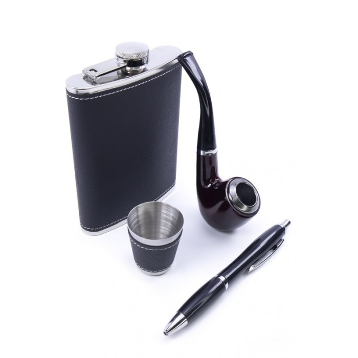 Set cadou plosca metalica cu mini pahar,pipa si pix,inox,250 ml, setul este imbracat in piele ecologica de culoare neagra,doty [6]