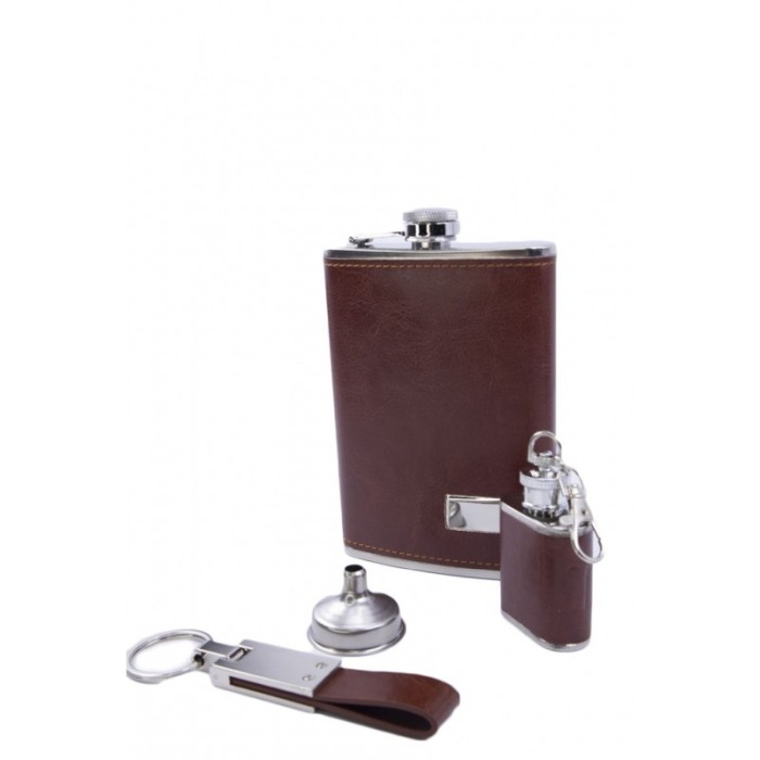 Set cadou plosca metalica cu palnie si 2 brelocuri,inox,250 ml, setul este imbracat in piele ecologica de culoare maro deschis,d [4]
