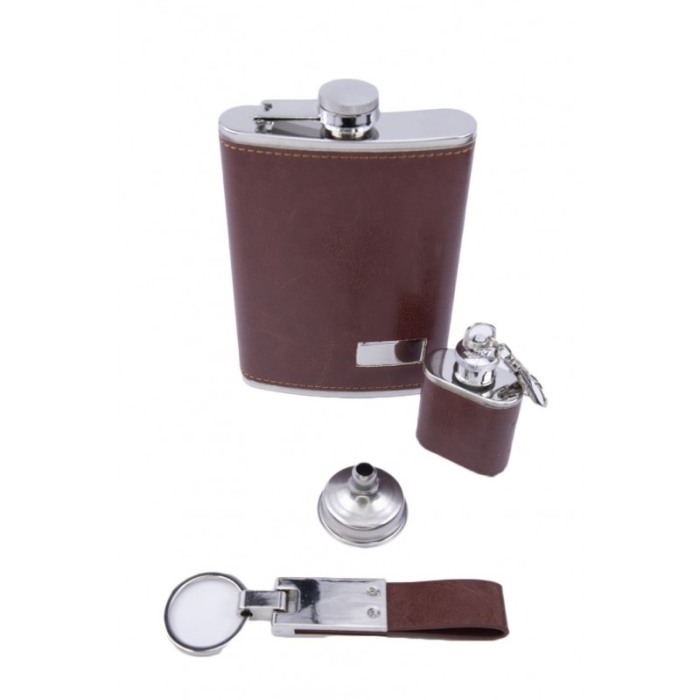 Set cadou plosca metalica cu palnie si 2 brelocuri,inox,250 ml, setul este imbracat in piele ecologica de culoare maro deschis,d [3]