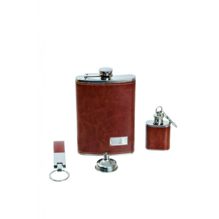 Set cadou plosca metalica cu palnie si 2 brelocuri,inox,250 ml, setul este imbracat in piele ecologica de culoare maro deschis,d [7]