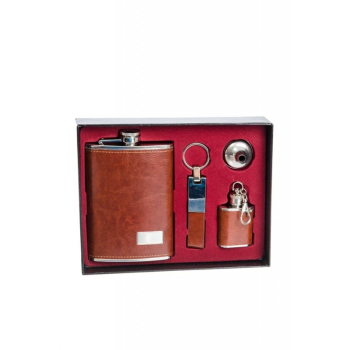 Set cadou plosca metalica cu palnie si 2 brelocuri,inox,250 ml, setul este imbracat in piele ecologica de culoare maro deschis,d [6]