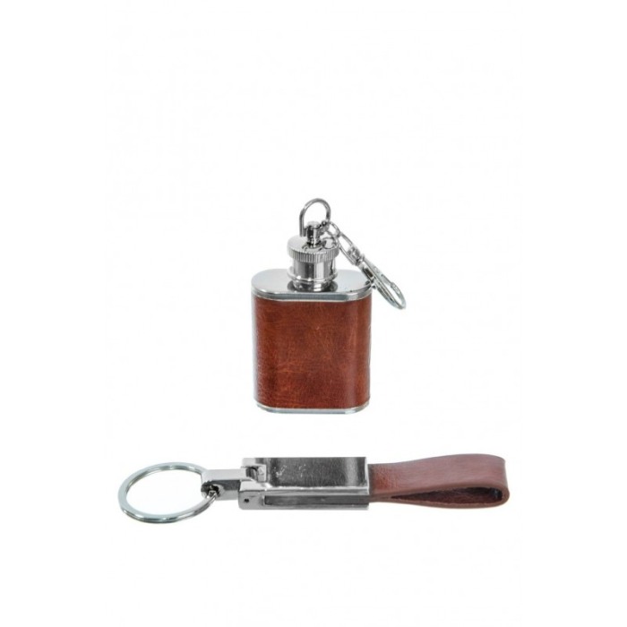 Set cadou plosca metalica cu palnie si 2 brelocuri,inox,250 ml, setul este imbracat in piele ecologica de culoare maro deschis,d [5]