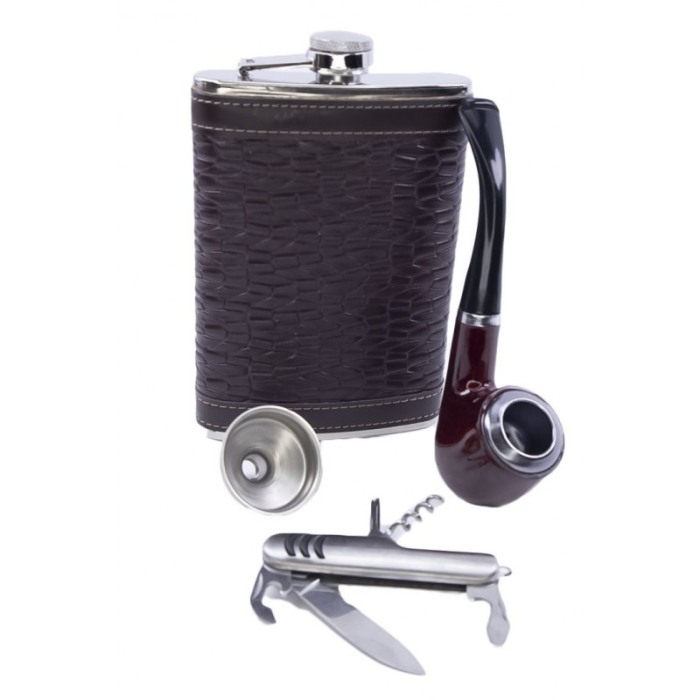 Set cadou plosca metalica cu pipa, desfacator si palnie,inox,250 ml, plosca este invelita in piele ecologica tip croco de culoar [2]