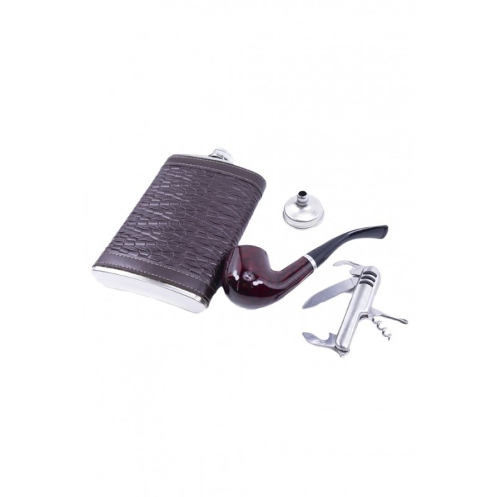 Set cadou plosca metalica cu pipa, desfacator si palnie,inox,250 ml, plosca este invelita in piele ecologica tip croco de culoar [5]