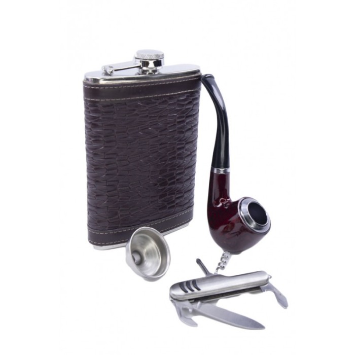 Set cadou plosca metalica cu pipa, desfacator si palnie,inox,250 ml, plosca este invelita in piele ecologica tip croco de culoar [3]