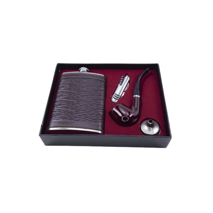 Set cadou plosca metalica cu pipa, desfacator si palnie,inox,250 ml, plosca este invelita in piele ecologica tip croco de culoar [1]