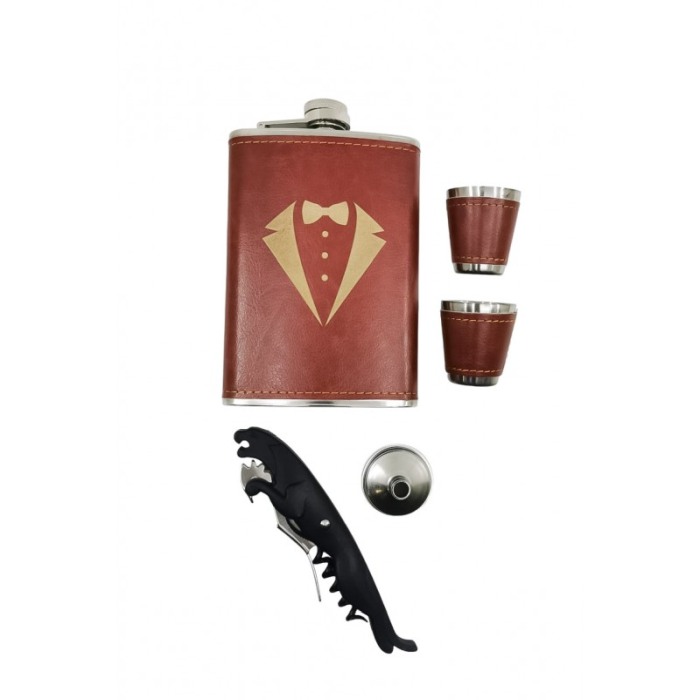 Set cadou The Gentlemen Doty®, plosca metalica, 200 ml, piele ecologica de culoare maro [3]