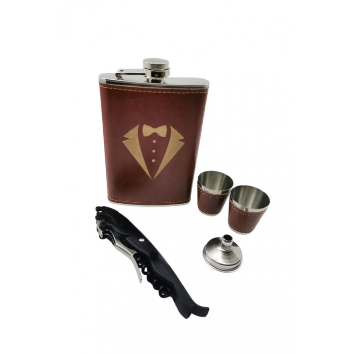 Set cadou The Gentlemen Doty®, plosca metalica, 200 ml, piele ecologica de culoare maro [2]