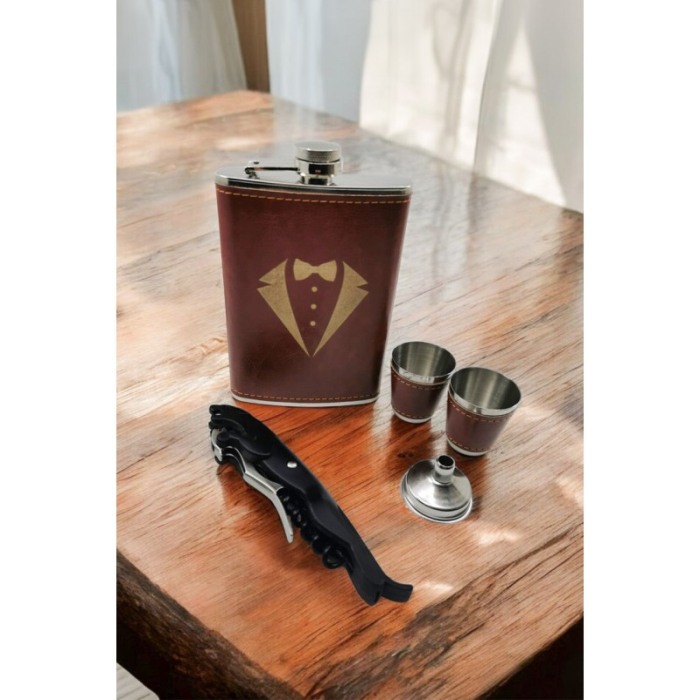 Set cadou The Gentlemen Doty®, plosca metalica, 200 ml, piele ecologica de culoare maro [5]